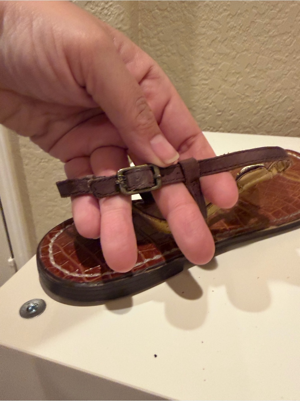 Sam Edelman Brown T-Strap Sandal with Cream Marbled Bead Accents - Picture 5 of 7